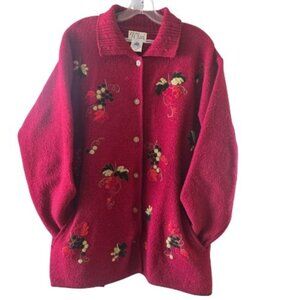 Vintage Tabi Woman 100% Wool Cherry Red Ladies Cardigan Embroidered Grape Motif